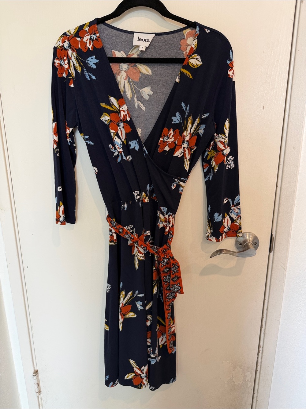 Leota Navy Floral Faux-Wrap Dress with Rust Tie